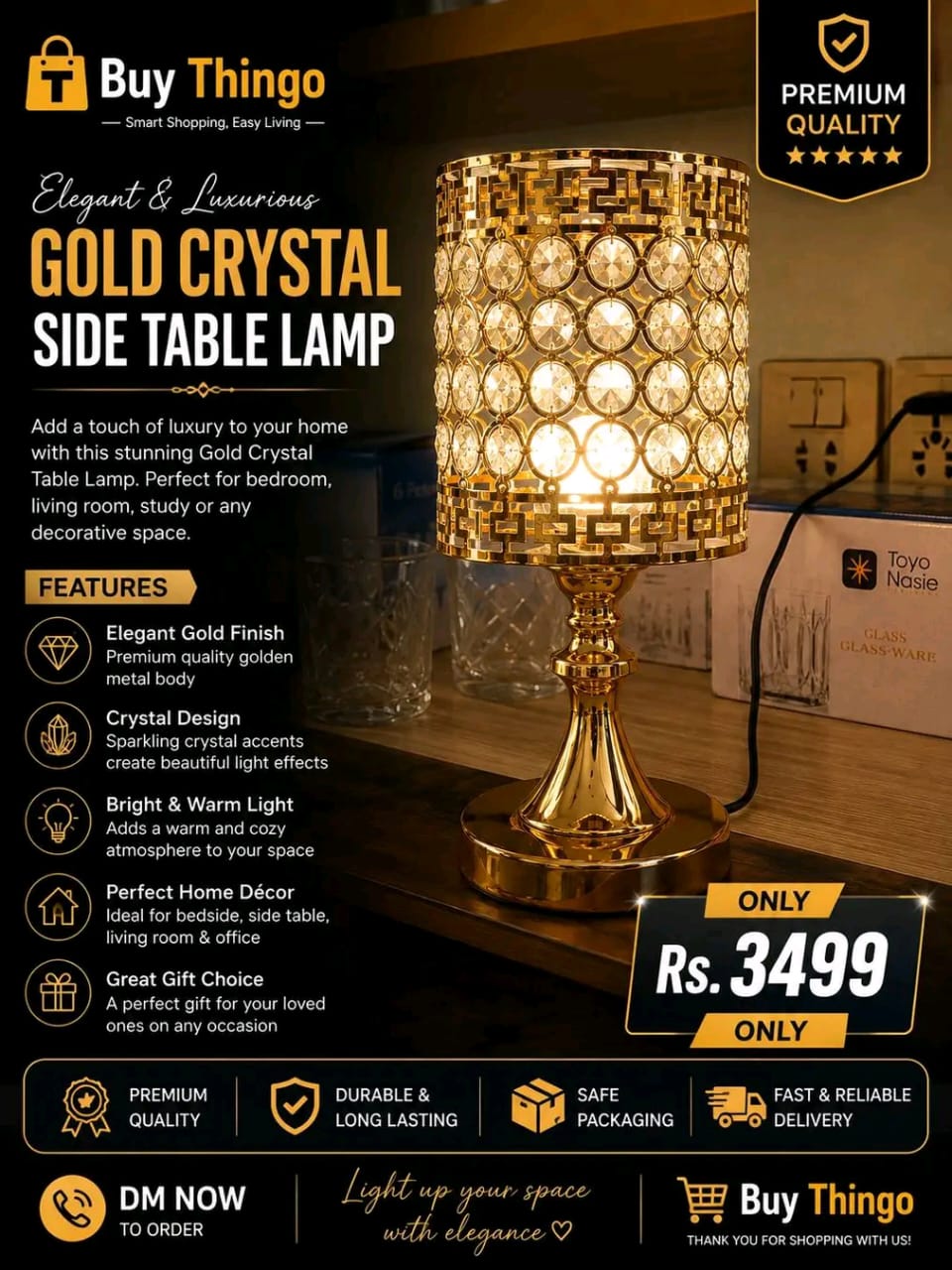 Elegant Gold Crystal Side Table Lamp